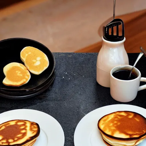 Image similar to fluffy pancakes, coffee in the style of bansky