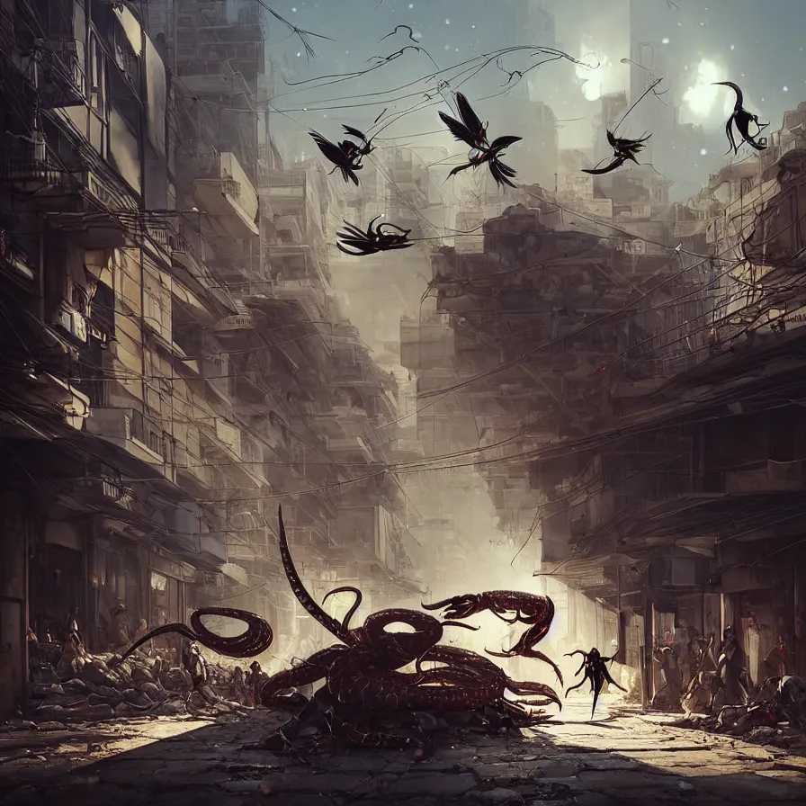 Image similar to the battle between the myna bird and the scolopendra, on the streets of the white city in tel aviv, apocalyptic setting, bokeh, cinematic lighting, sharp focus, character art, illustration, digital art painting, trending on artstation, by masamune shirow, by greg rutkowski