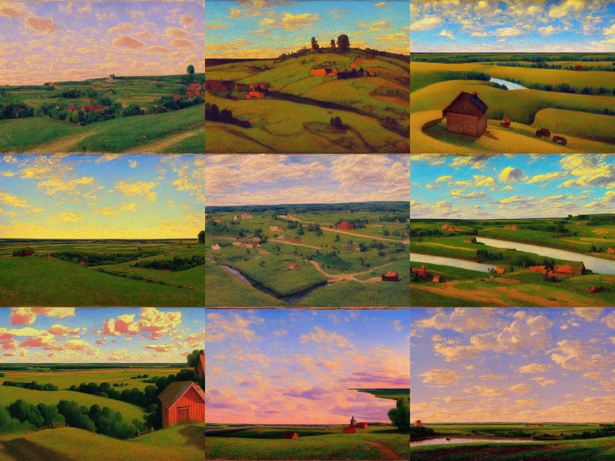 Prompt: nissky painter, wide river and tiny house on the top of the hill, epic wide sky and horzon, pastel colors, ultra view angle view, 'Nad vechnim pokoem' painting in the style of isaac levitan and georgy nissky, peredvishniki
