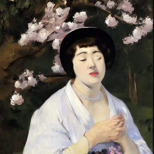 Image similar to a crying woman in a white gown kneeling at a beautiful shrine under a cherry blossom tree, rainy wet, ultradetailed, hd 8 k, oil on canvas, manet, detailed brushstrokes