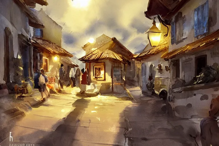 Image similar to paint brush strokes, abstract watercolor painting of rustic portuguese village at nightfall, lantern, ambient lighting, art by hans dahl, by jesper ejsing, art by anders zorn, wonderful masterpiece by greg rutkowski, cinematic light, american romanticism by greg manchess, creation by tyler edlin