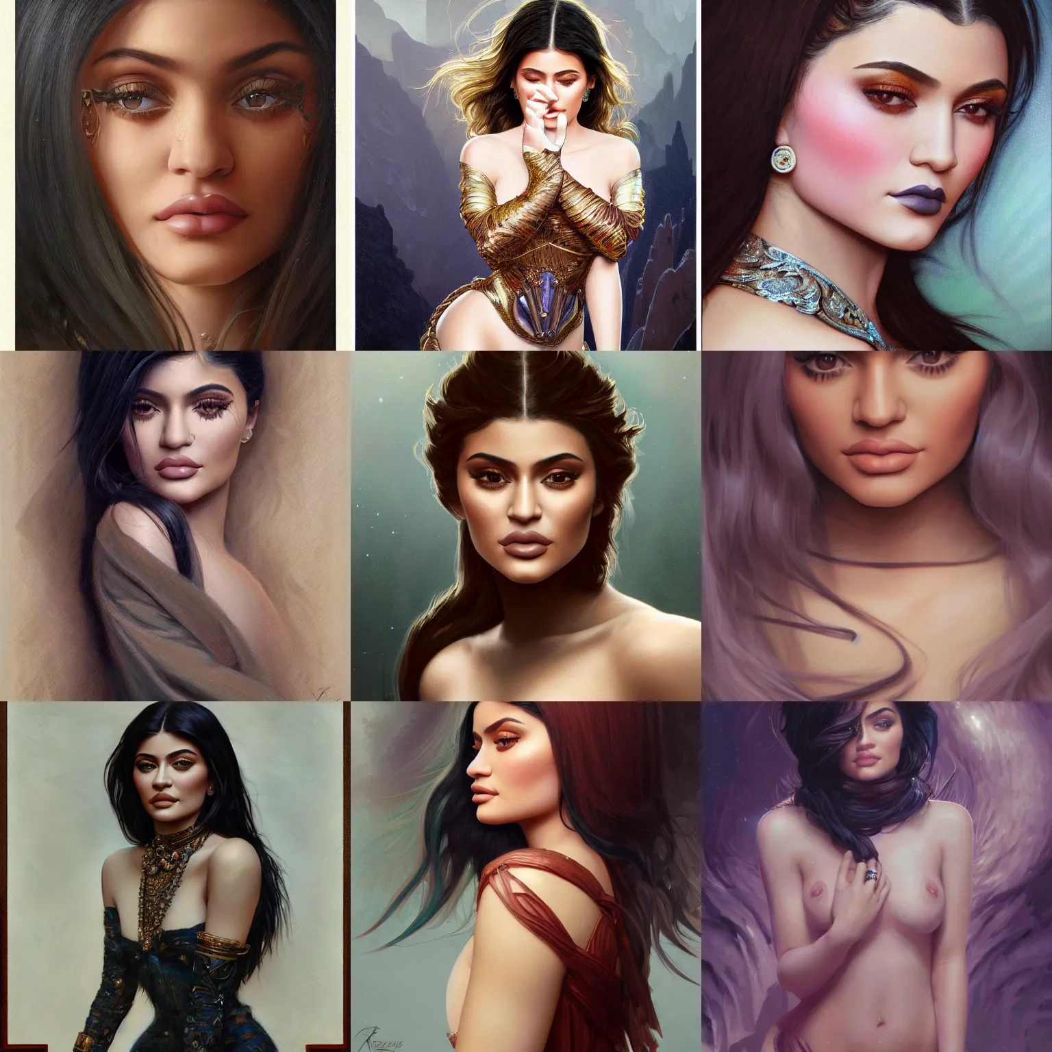 Image similar to portrait of Kylie Jenner, unreal, fantasy, intricate, elegant, dramatic, highly detailed, photorealistic, digital painting, painterly, artstation, concept art, smooth, sharp focus, art by John Collier and Krenz Cushart and Artem Demura and Alphonse Mucha and Albert Aublet