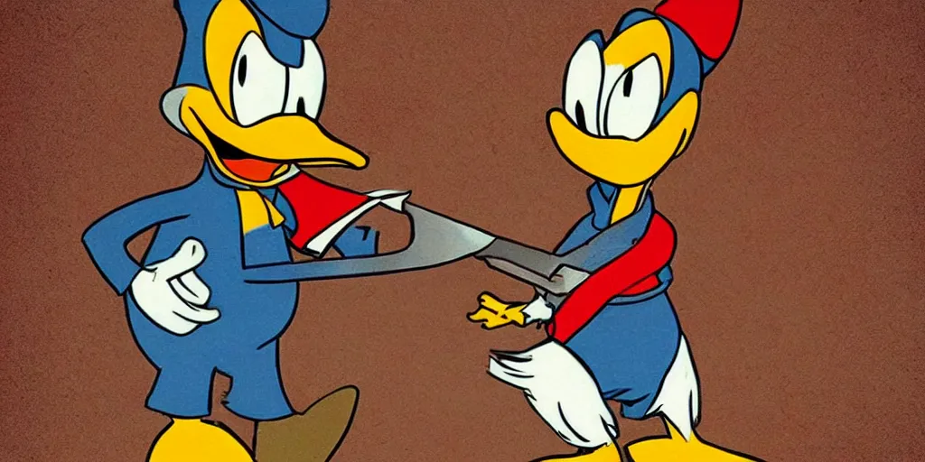 Prompt: donald duck holding a bloody knife, in the style of silent hill