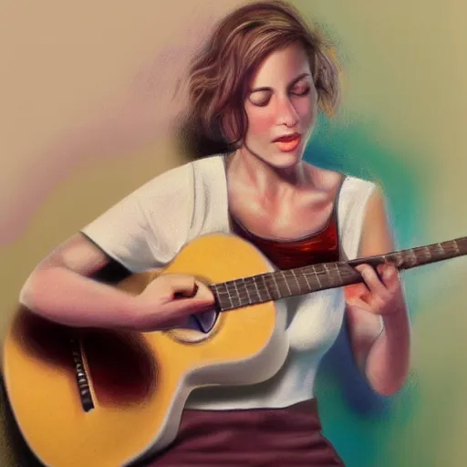 Image similar to women playing guitar, televisions, artstation, photoreal cinema still, pastel in the style of bruce weber