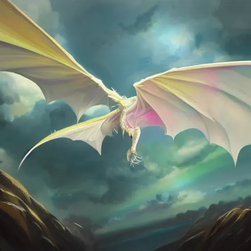 Prompt: sleek opalescent white dragon, rainbow wings, flying through sunset, art, fantasy, digital painting, trending on artstation, concept art, smooth, sharp focus, hyperrealistic, illustration, art by Loish and WLOP