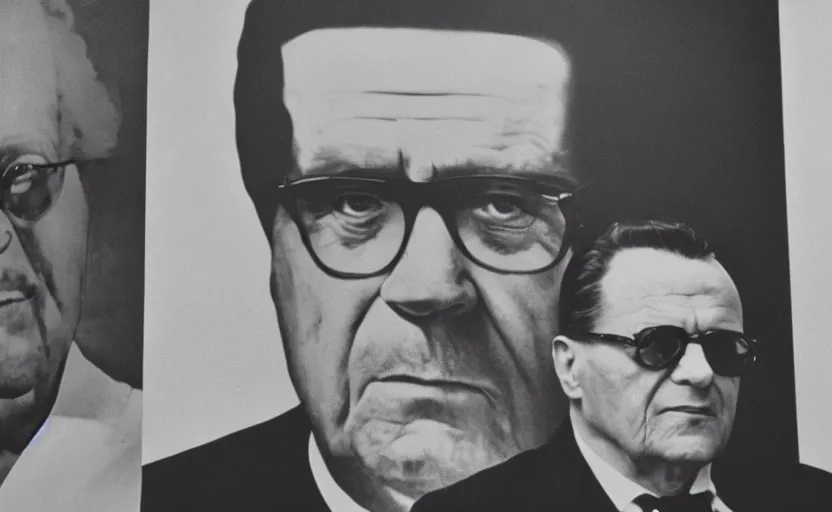 Prompt: 60s movie still close-up of Josip Broz Tito in a museum standing next to a large portrait of Karl Marx, by Irving Penn , Cinestill 800t 35mm black and white, heavy grainy picture, very detailed, high quality, 4k, HD criterion, dramatic lightning, precise texture, gettyimages
