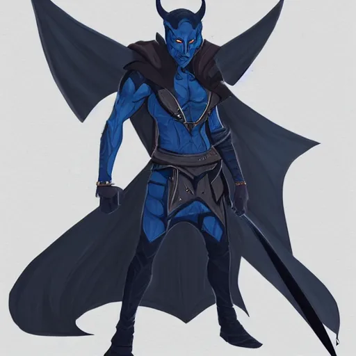 Image similar to D&D character concept art of a cloaked tiefling, tiefling rogue, blue skin color with short horns and a devil tail, fighting pose of a Rogue holding daggers, black cloak hidden in shadows, full body pose, soft colors, fantasy, intricate, elegant, highly detailed, digital painting, artstation, concept art, smooth, sharp focus, illustration, wide angle shot, full body visible, art by artgerm and H R Giger and alphonse mucha