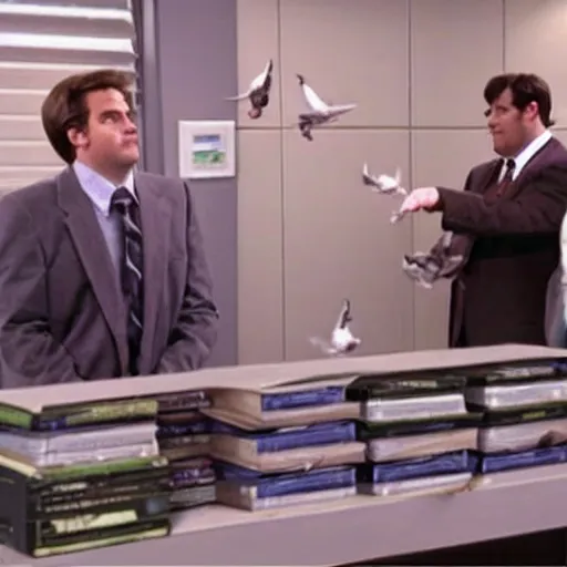 Prompt: a scene from the show the office, but played by pigeons