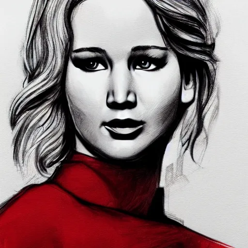 Prompt: dream jennifer lawrence portrait sketch artstation in red and white