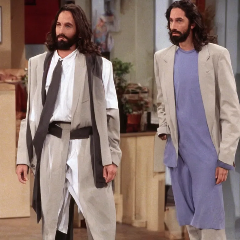 Prompt: still of Jesus Christ in 1990s fashion, from TV Series Seinfeld (1994)