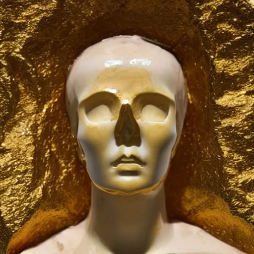 Image similar to full shot of a half gold half marble statue of a beautiful woman and a skull, renaissance