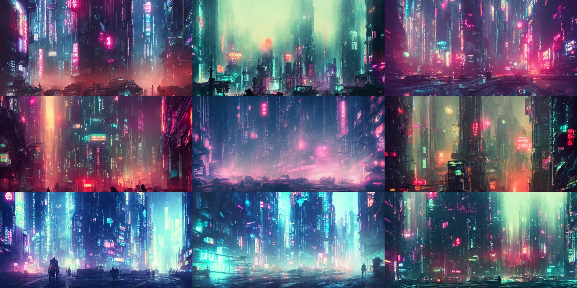 Prompt: cyberpunk city, altered carbon, neon lights, digital advertisements, smog, pollution, dirty, fog, powerlines, japanese text, digital art, illustration, vibrant watercolor, wenjun lin, pixiv, artstation, dark lighting, reflections, film grain, volumetric lighting