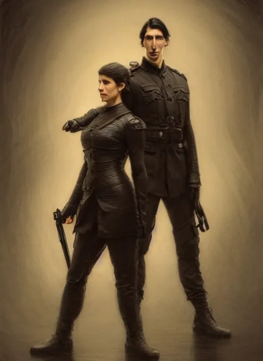 Image similar to portrait of two people, john oliver is short, adam driver is tall, standing together, stoic, full body, military uniform, fantasy, intricate, elegant, beautiful, highly detailed, charcoal, centered, dark, smokey, digital painting, artstation, concept art, smooth, sharp focus, illustration, art by artgerm and greg rutkowski and alphonse mucha