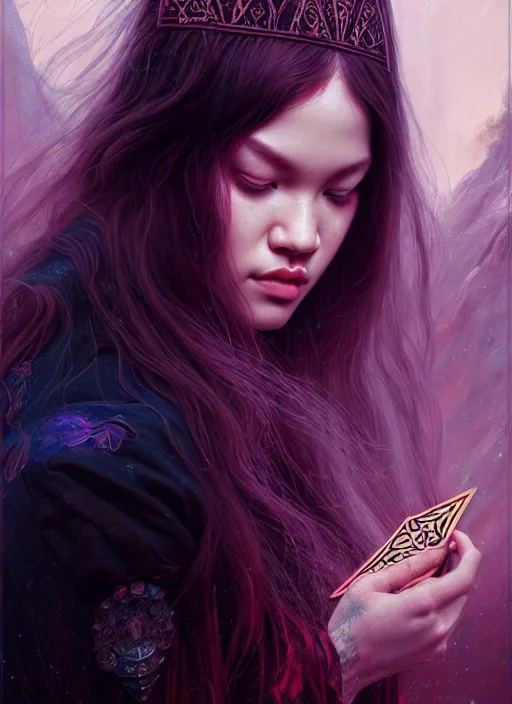 Image similar to jossi of blackpink, king, tarot card, highly detailed, digital painting, smooth, sharp focus, illustration, ultra realistic, unreal engine, 8 k, art by karol bak and agnes cecile