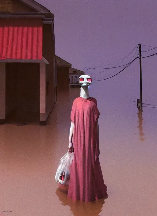 Prompt: woman in vr headset made of paper, dressed in plastic bags, on flooded street Edward Hopper and James Gilleard, Zdzislaw Beksinski, highly detailed