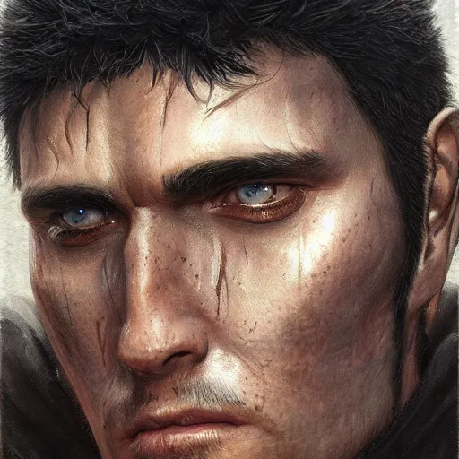 Image similar to guts from berserk as a realistic fantasy d & d character, close - up portrait art by donato giancola and greg rutkowski, realistic face, digital art, trending on artstation