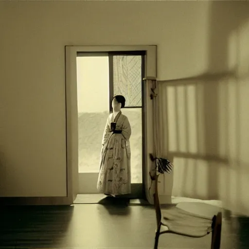 Prompt: woman in traditional hanbok waiting in living room while the shadow of a giant Kaiju-eiga starfish is behind the screen window, 35mm film still, monochrome Wes Anderson and Fritz Lang