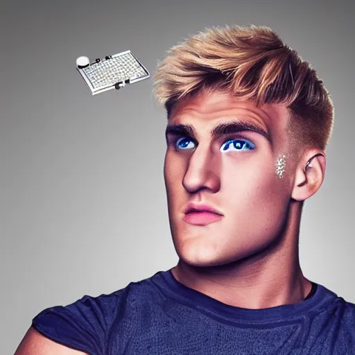 Image similar to a realistic detailed photo of boxer & youtuber jake paul with a mind control chip on his head, blank stare, shiny skin, becoming a mindless robot