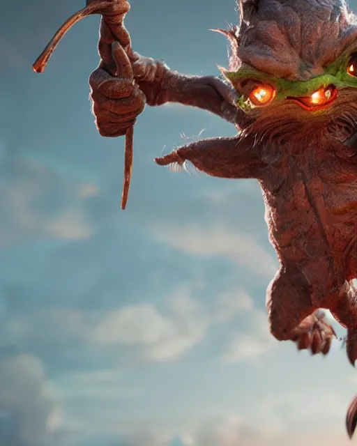 Image similar to highly detailed portrait of a movie gremlin swinging a whip, depth of field, fashion photoshoot, breathtaking, detailed and intricate environment, 8 k resolution, hyperrealistic, octane render