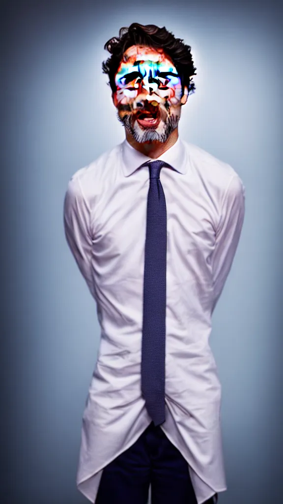 Image similar to Trudeau in a skirt crying , Studio lighting, shallow depth of field. Professional photography, lights, colors,4K