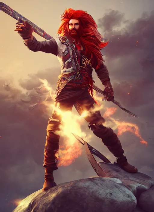 Prompt: An epic fantasy comic book style portrait painting of a long haired, red headed male sky-pirate wielding a pistol in front of an airship, unreal 5, DAZ, hyperrealistic, octane render, cosplay, RPG portrait, dynamic lighting