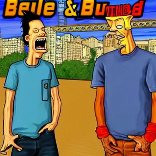 Prompt: Beavis & Butthead on a GTA V loading screen art