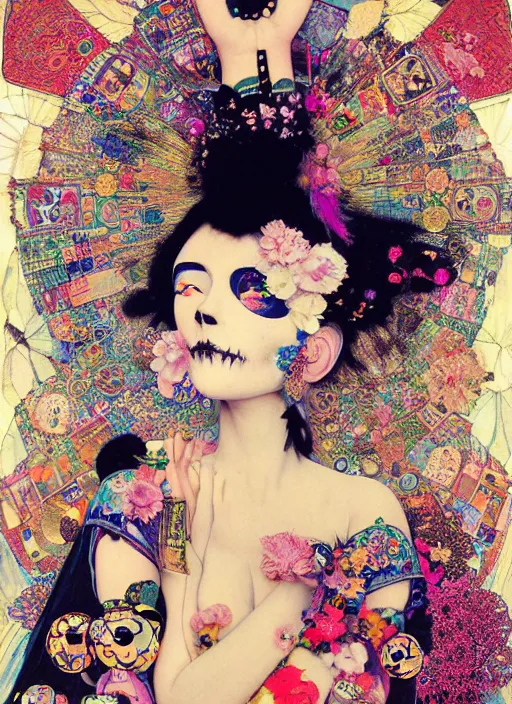 Image similar to cute punk goth fashion hippy fractal Día de los Muertos android girl wearing kimono made of circits posing by Zhang Jingna, psychedelic dada collage by Hannah Höch Victor Moscoso Rick Griffin Alphonse Mucha Gustav Klimt Ayami Kojima Amano Charlie Bowater, masterpiece