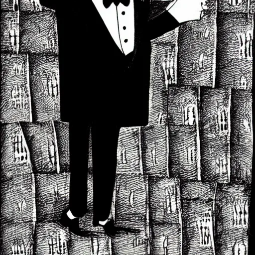 Image similar to a gentleman pig in a tuxedo, creepy, chiaroscuro, dark night, illustration by Edward Gorey