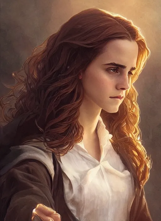 Image similar to emma watson as hermione granger at hogwarts. beautiful detailed face. by artgerm and greg rutkowski and alphonse mucha