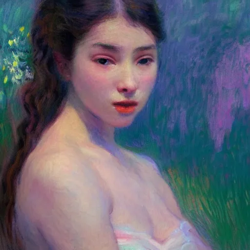 Image similar to Monet portrait painting of a beautiful girl, medium shot, asymmetrical, profile picture, Organic Painting, sunny day, Matte Painting, bold shapes, hard edges, street art, trending on artstation, by Huang Guangjian and Gil Elvgren and Sachin Teng