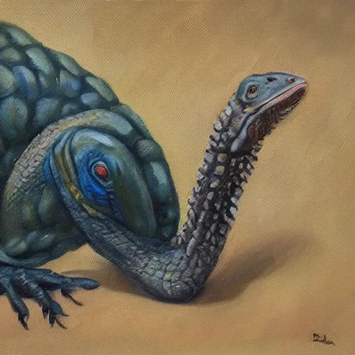 Prompt: a dodo eating a lizard, oil painting