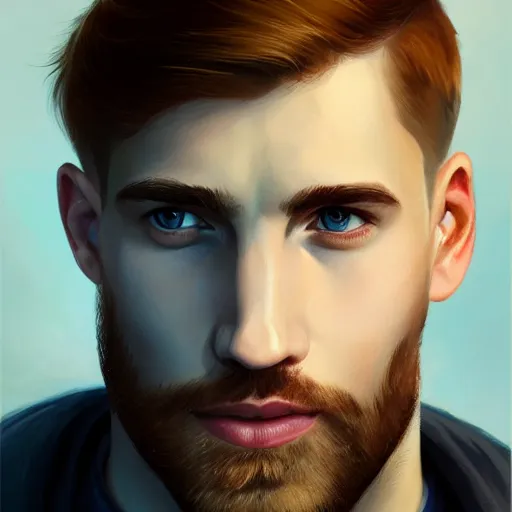 Image similar to tall chunky man in his twenties with brown blond short regular haircut and round facial structure with cleft chin, straight eyebrows, big light blue eyes, with a little smile, cheekbones, straight nose, wider face, shadow of beard, atmospheric lighting, painted, intricate, 4 k, highly detailed by charlie bowater