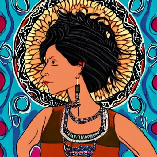 Prompt: beautiful illustration of a mexican woman of 4 0 years old, with curly black and silver hair, the woman has beautiful black eyes, her skin is light brown, she is dressed in shaman clothes, in the style of diego rivera