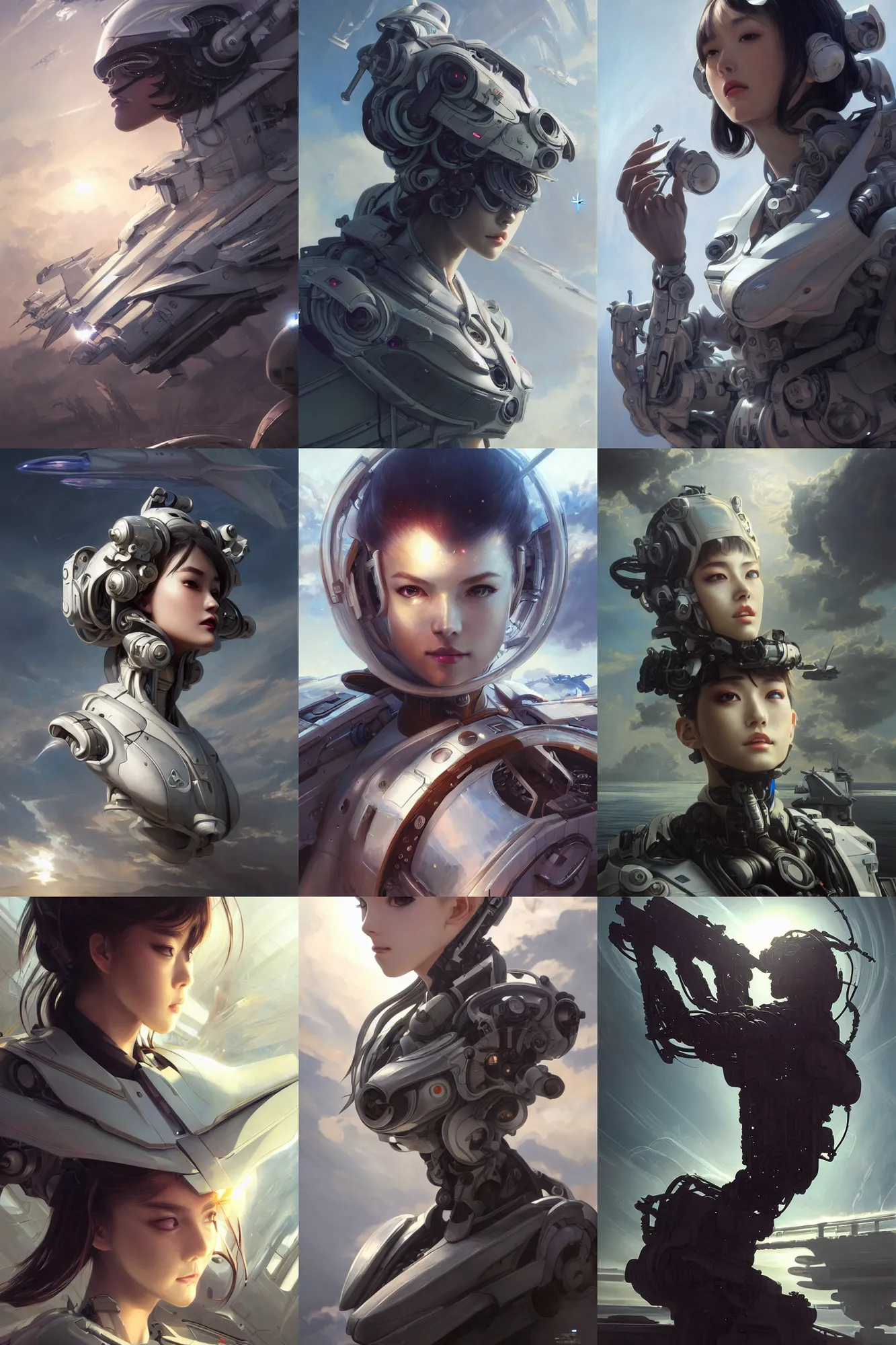 Prompt: ultra realistic beautiful scifi aircraft carrier techno art, beautiful alluring anime cyborg, gorgeous face and figure, sci - fi, intricate, elegant, highly detailed, digital painting, artstation, concept art, smooth, sharp focus, illustration, beautiful sunlight and shadows, art by tian zi and yuxiang chen and alphonse mucha and greg rutkowski and wlop