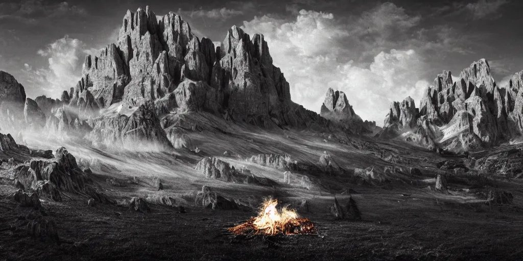 Image similar to photography of witch burning, dolomites in the background, occult signs, witch burning, pyre, solstice fire, alp, dolomites, alpine, detailed intricate insanely detailed octane render, 8k artistic 1920s photography, photorealistic, black and white, chiaroscuro, hd, by David Cronenberg, Raphael, Caravaggio