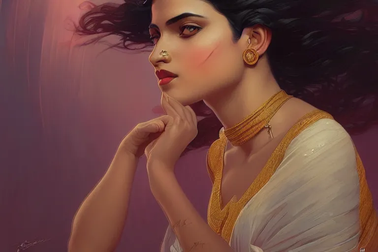 Image similar to sensual pale beautiful bengali girl, art deco portrait, elegant, intricate, digital painting, artstation, concept art, smooth, sharp focus, illustration, art by artgerm and greg rutkowski and alphonse mucha