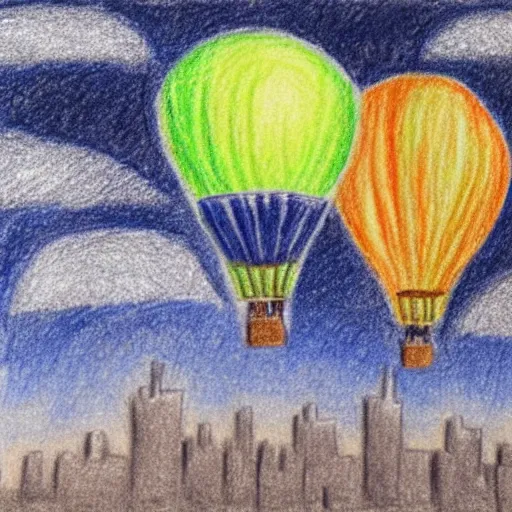 Prompt: 3 hot air balloons flying in the night sky above a city, crayon drawing