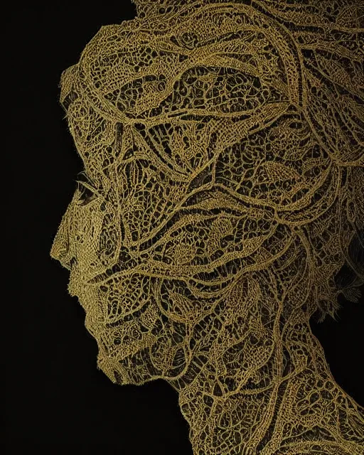 Prompt: a woman's face in profile, made of intricate lace leaves, in the style of the dutch masters and gregory crewdson, dark and moody