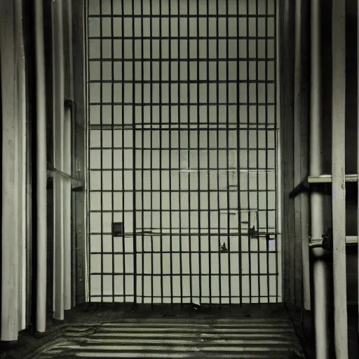 Prompt: noisy color photograph of a retrofuturist liminal space, laboratory, prison, minimalist