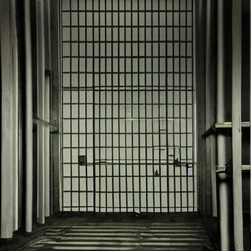 Image similar to noisy color photograph of a retrofuturist liminal space, laboratory, prison, minimalist