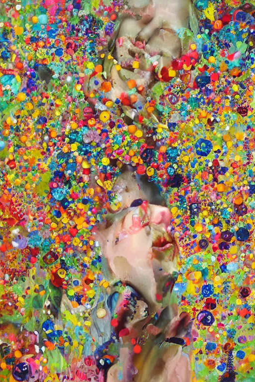 Prompt: hyperrealism with oil painting, 2 0 y. o girl in in the style dustin yellin, of yoshitaka amano, style wrapped in flowers and wired in the style of yayoi kusama, by barry lyndon ultra detailed high resolution, 8 0 s print sci fi art