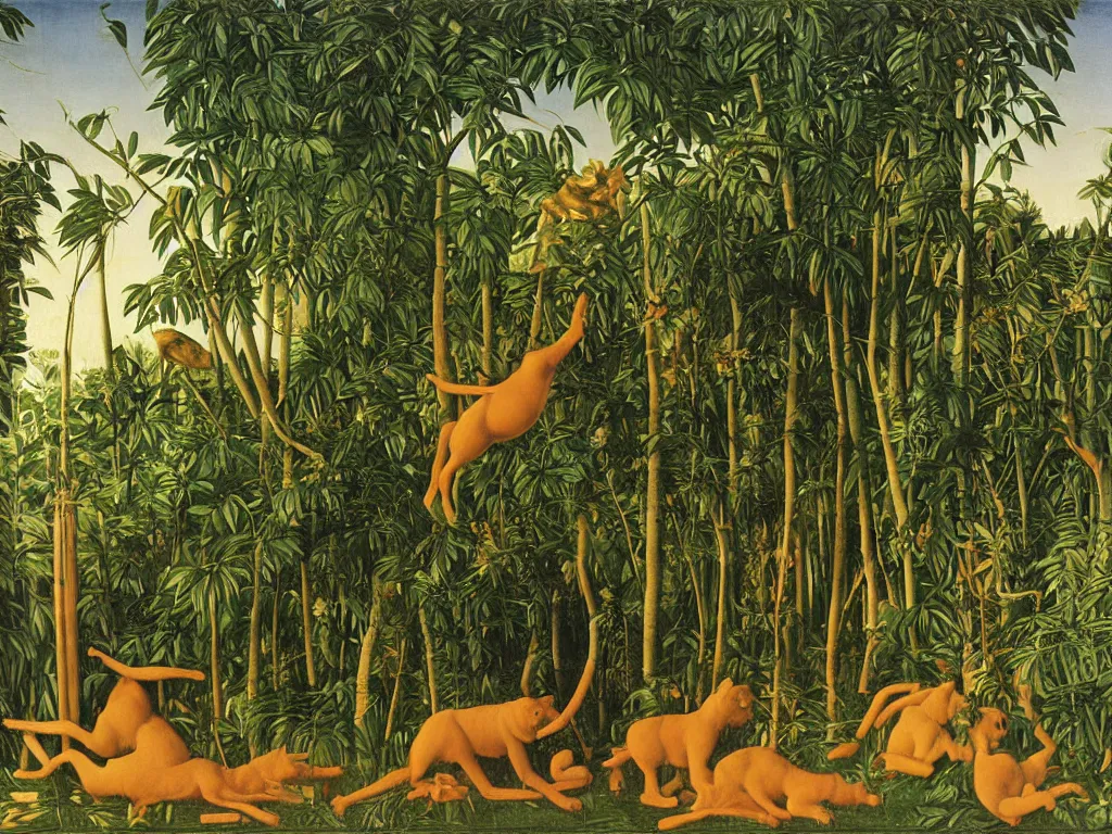 Image similar to The jungle animals are running away from the fiery comet. Painting by Giovanni Bellini, Henri Rousseau