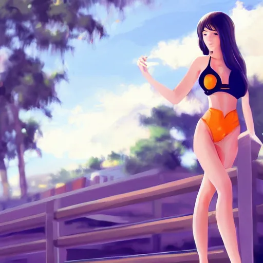 Image similar to a girl wearing a business swimsuit, she is near a swimming pool, anime art, digital painting, smooth, hd, elegant