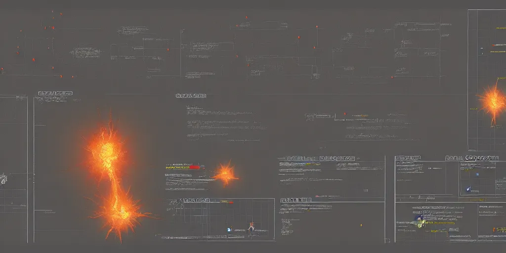 Prompt: reference sheet of explosions on black background, matte painting, 2 d, sprite