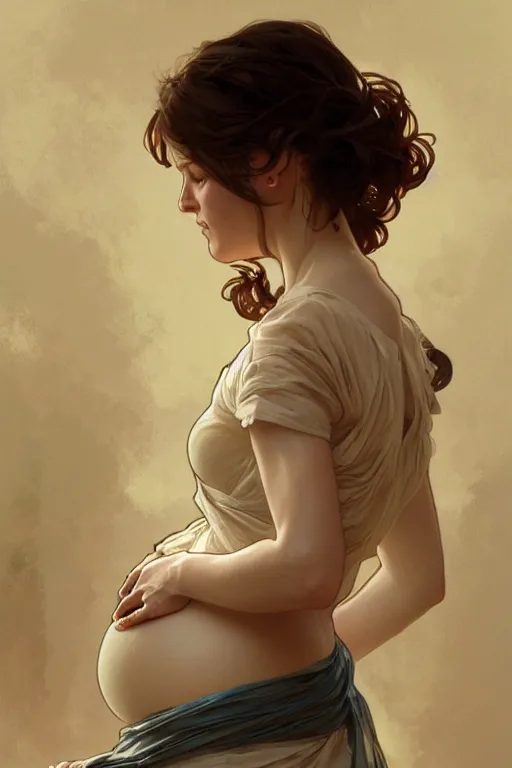 Prompt: rural pregnant woman doing laundry, portrait, elegant, intricate, digital painting, artstation, concept art, smooth, sharp focus, illustration, art by artgerm and greg rutkowski and alphonse mucha