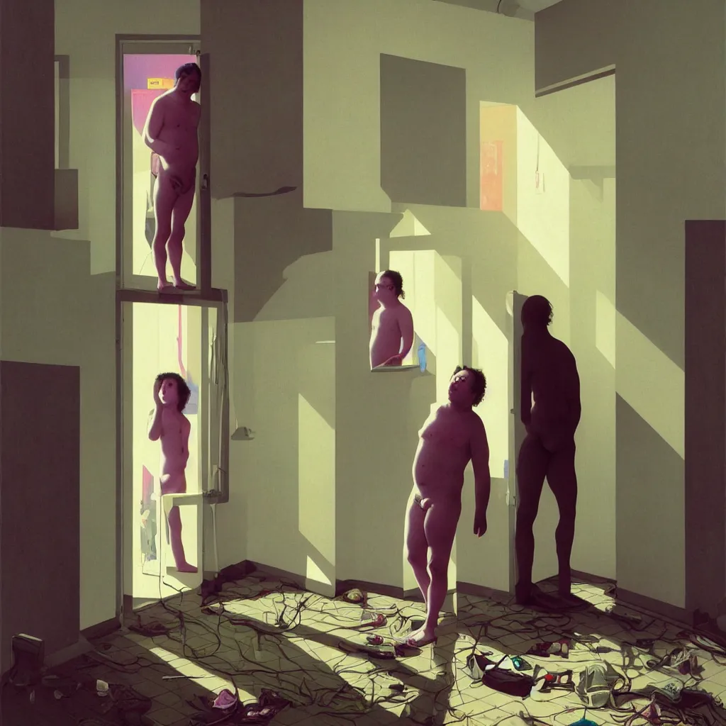 Image similar to weird and disturbing portrait of todd solondz standing alone in an empty appartment, vivid colors, neon, art by gregory crewdson and francis bacon and artgerm and wlop and william - adolphe bouguereau