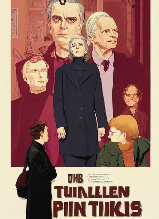 Image similar to poster artwork by Michael Whelan and Tomer Hanuka, Karol Bak of Kiernan Shipka wearing a turtleneck and lab coat meeting Alan Turing outside her apartment, from scene from Twin Peaks, clean