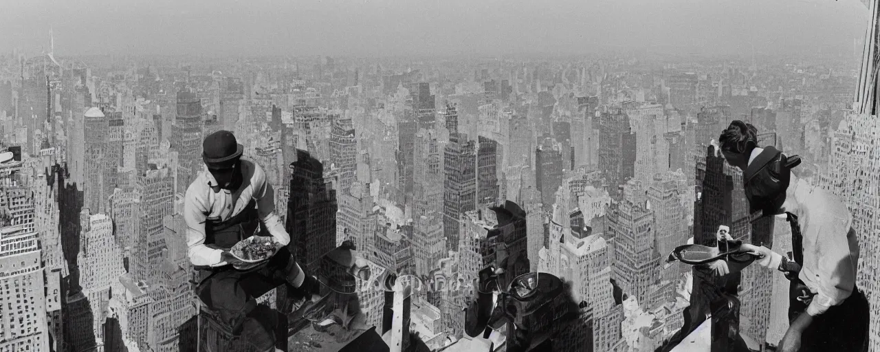 Prompt: lunch atop a skyscraper, eating spaghetti, 1 9 3 0 s new york city, canon 5 0 mm, photography, film, kodachrome