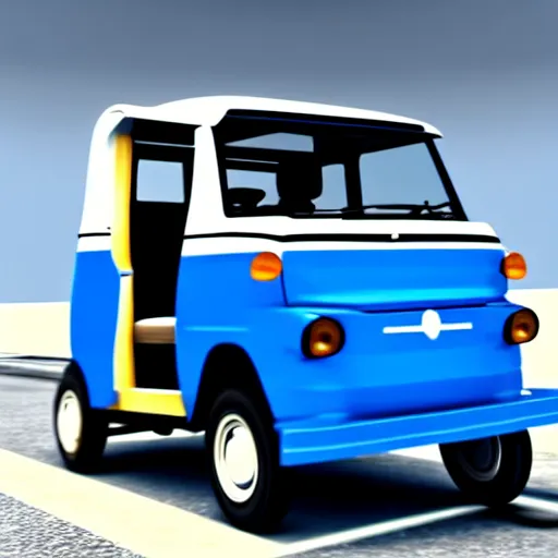 Image similar to super realistic 8 k render of a blue and white tuk tuk, powerful elegant, cinematic composition