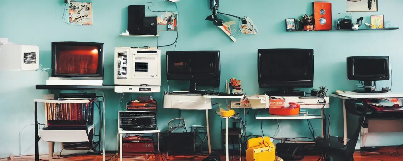 Prompt: 1 7 0 s retro computer room, nostalgic, computer, television, colorful, clean